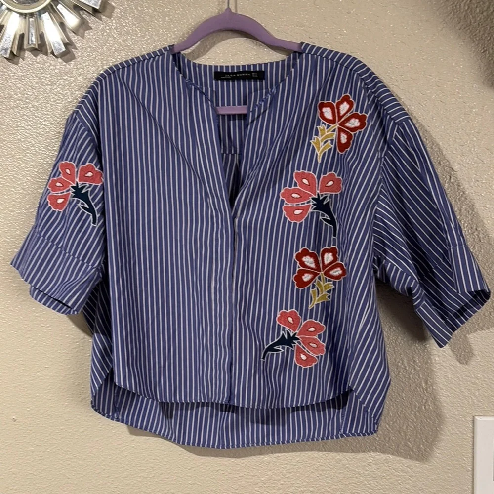 Zara Blue and White Puff Sleeve Crop Blouse
